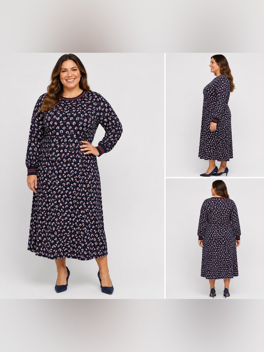 Boden Navy Geometric Print Long Sleeve Midi Dress US 18L UK 22L